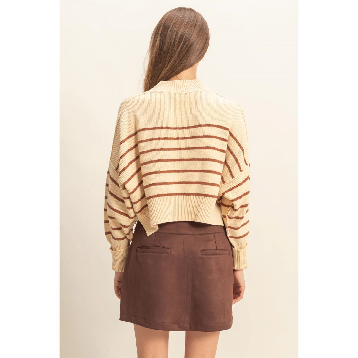 Striped Mock Neck Sweater - Brown