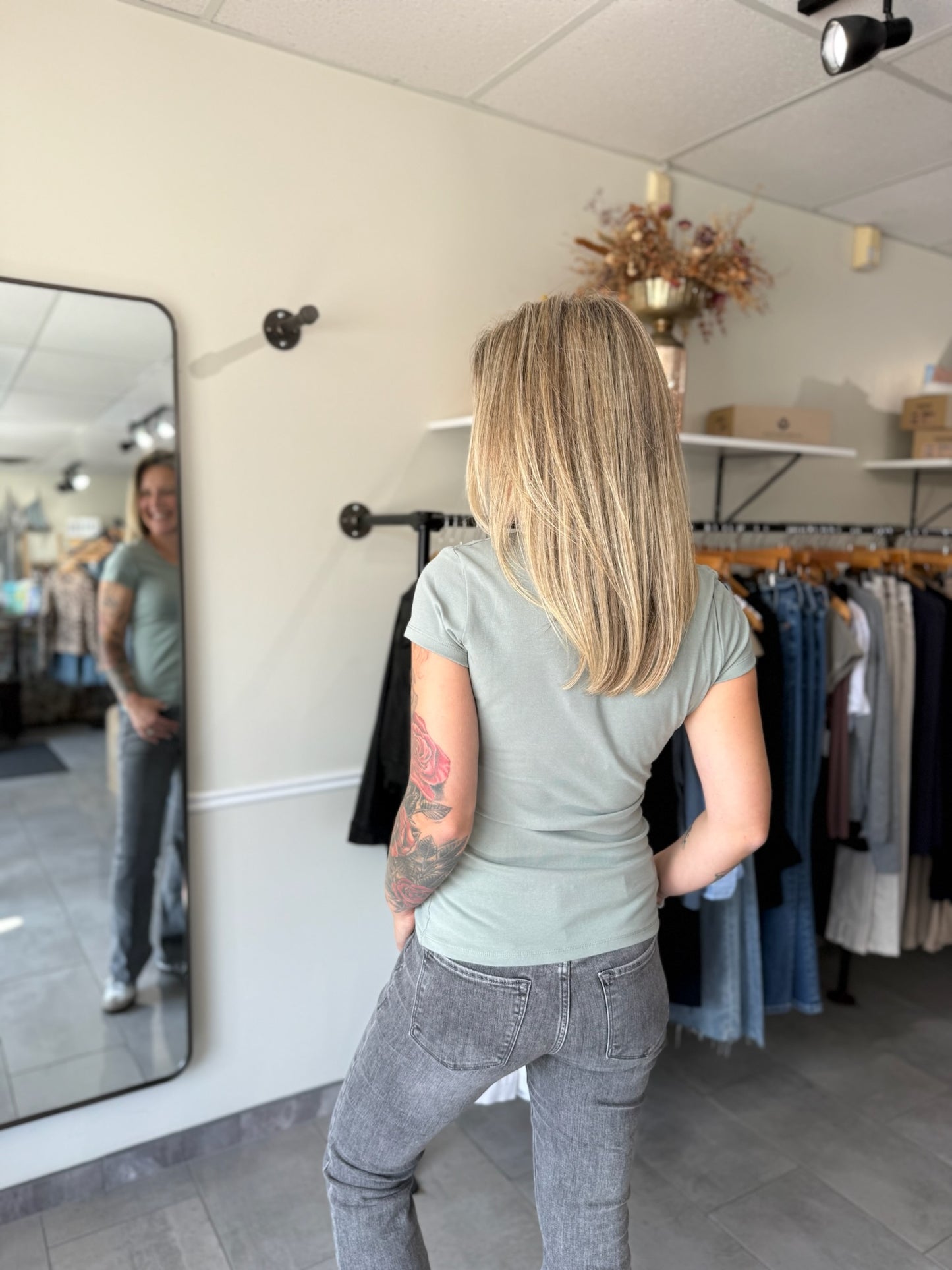 Cotton Rib Scoop Neck Short Sleeve T-shirt - Smokey Olive