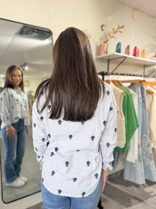 Adrianna Embroidered Button Shirt | Blue Rama