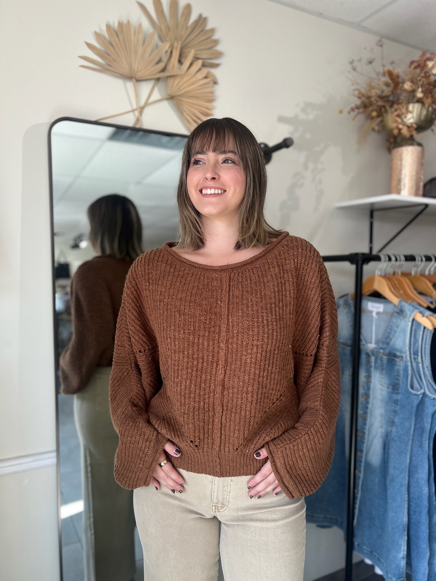 Ribbed Drop-Shoulder Knit Sweater - Brown