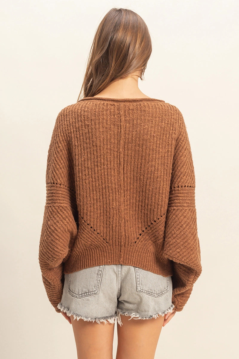 Ribbed Drop-Shoulder Knit Sweater - Brown