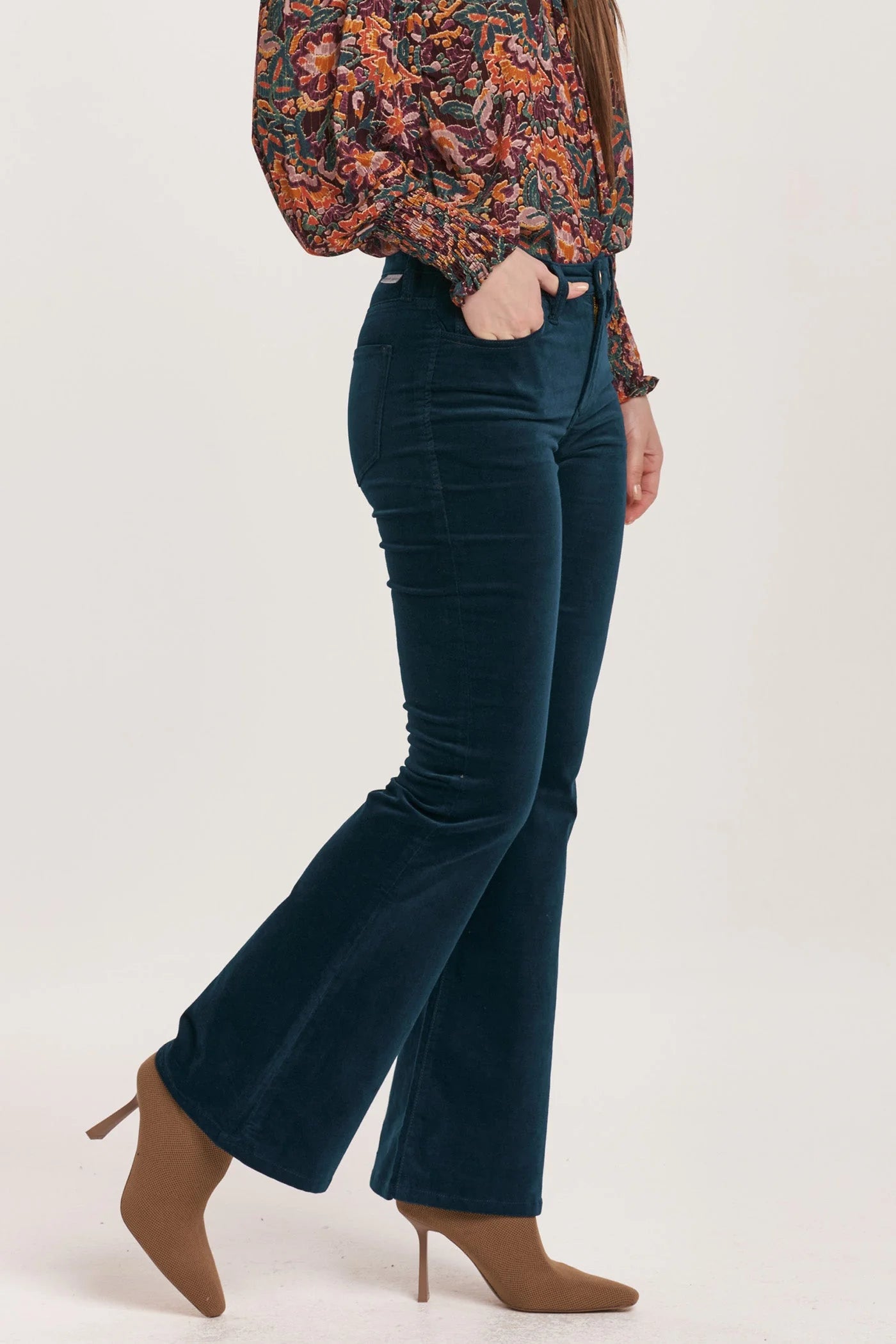 Rosa Mid Rise Full Inseam Flare Pants - Teal Velveteen image 1