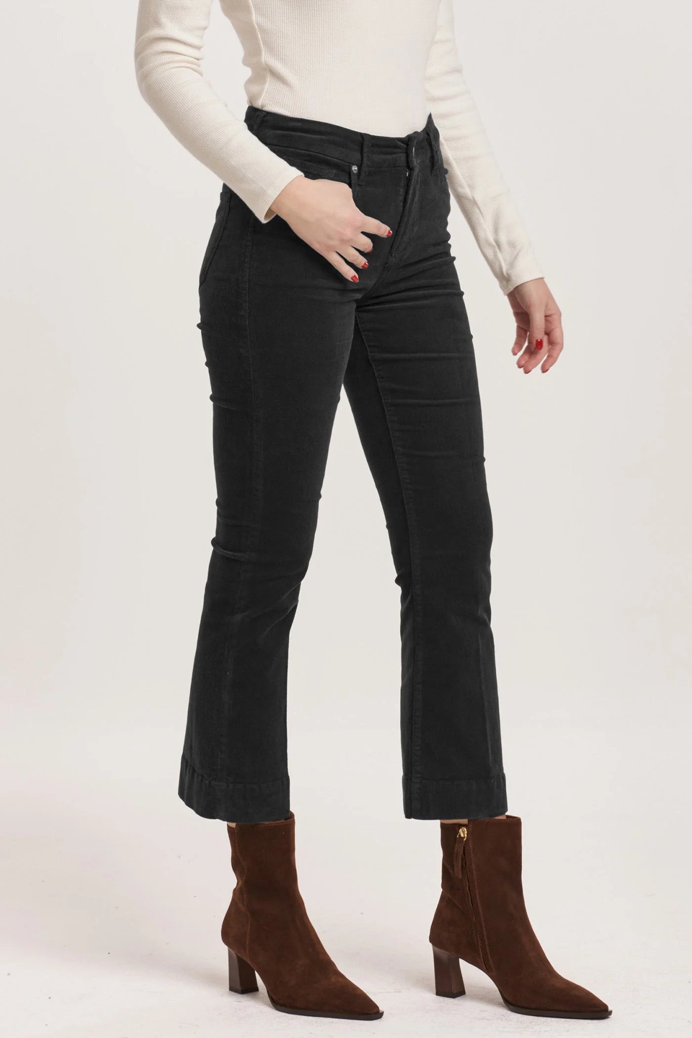 Jeanne Mid Rise Cropped Flare Pants - Black Corduroy image 1