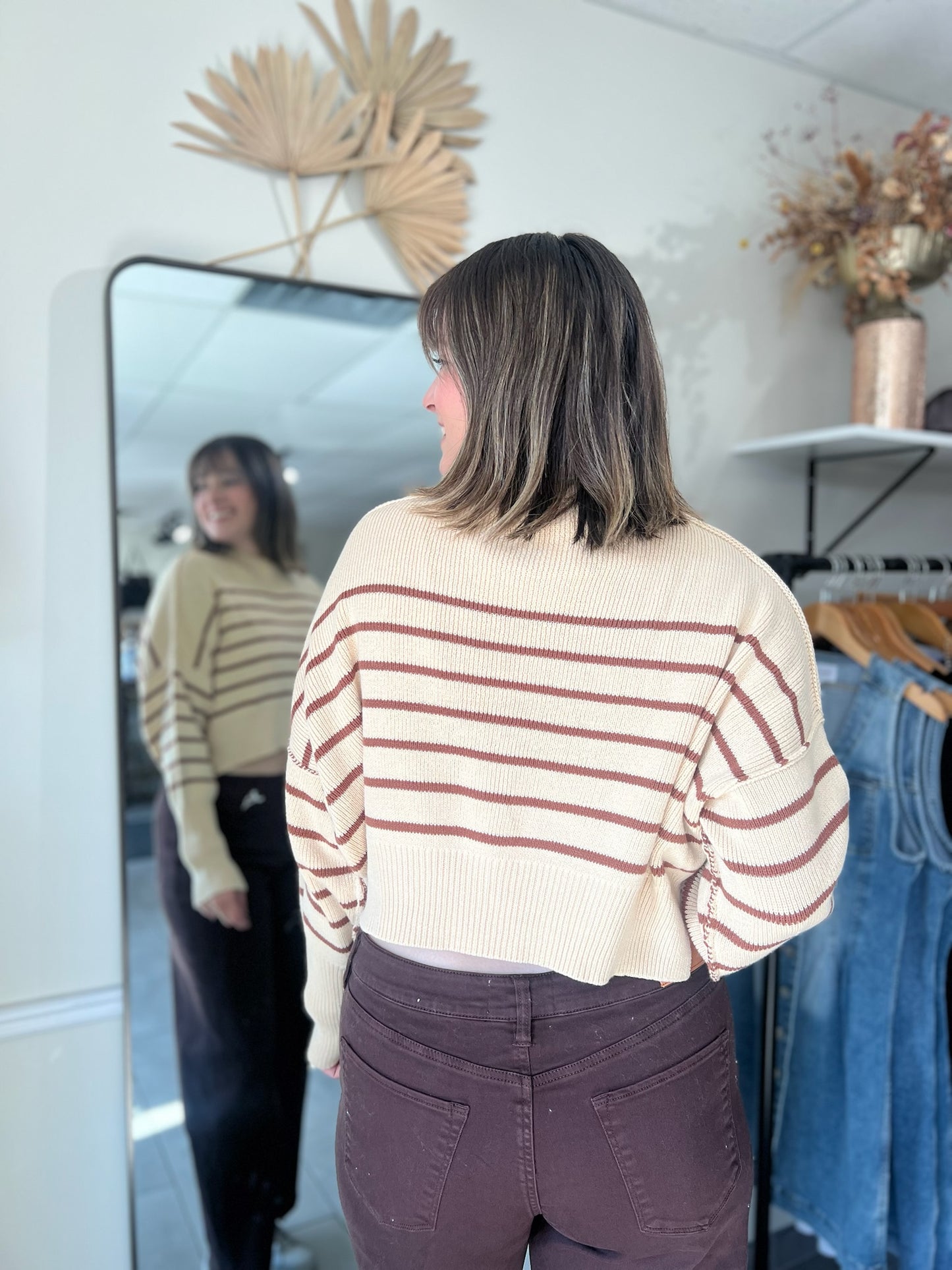 Striped Mock Neck Sweater - Brown