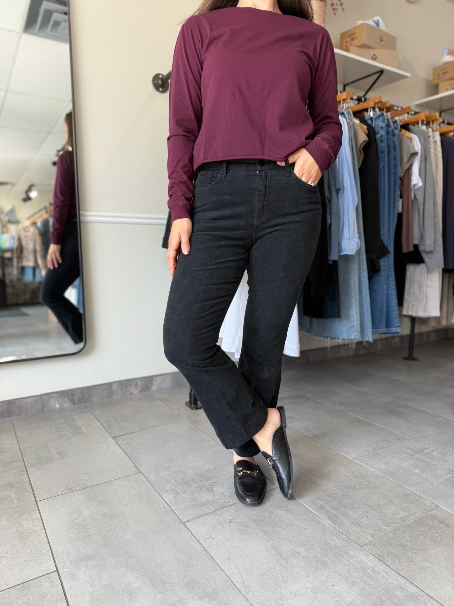 Jeanne Mid Rise Cropped Flare Pants - Black Corduroy