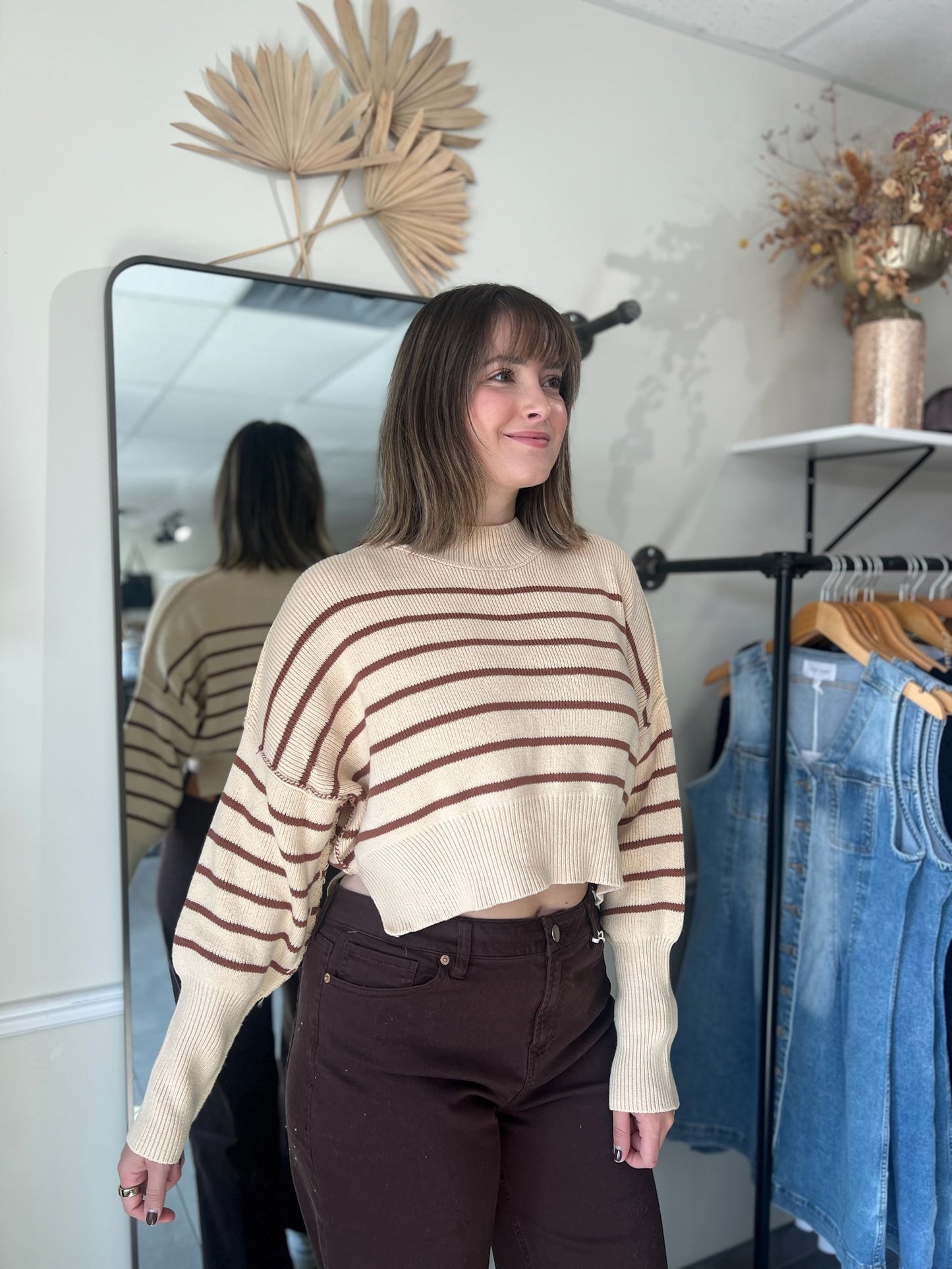 Striped Mock Neck Sweater - Brown