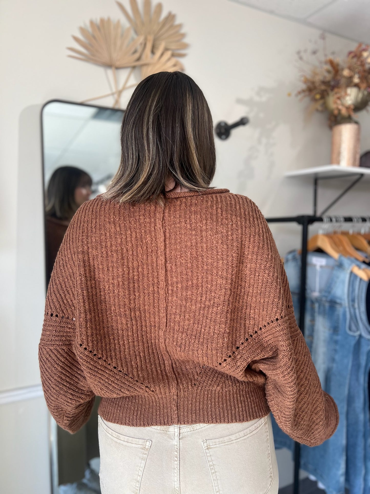 Ribbed Drop-Shoulder Knit Sweater - Brown