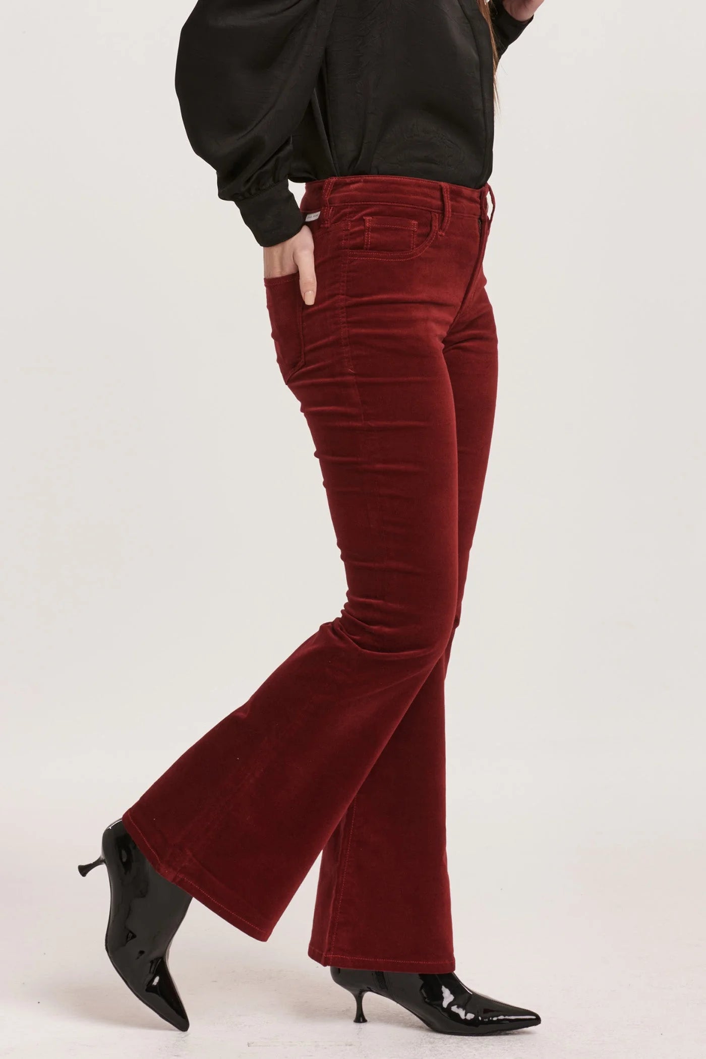 Rosa Mid Rise Full Inseam Flare Pants - Burgundy Velveteen image 1