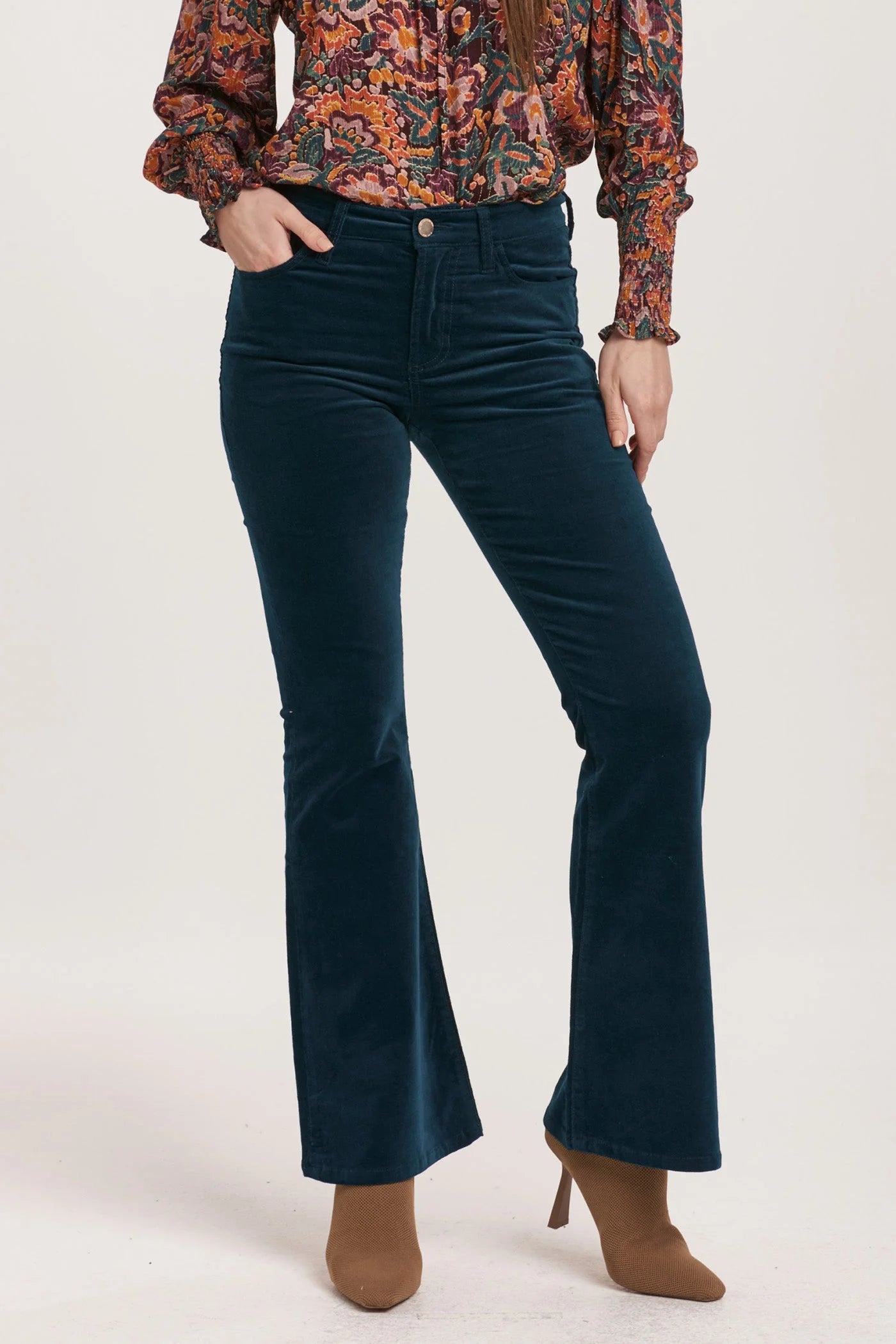 Rosa Mid Rise Full Inseam Flare Pants - Teal Velveteen image 0