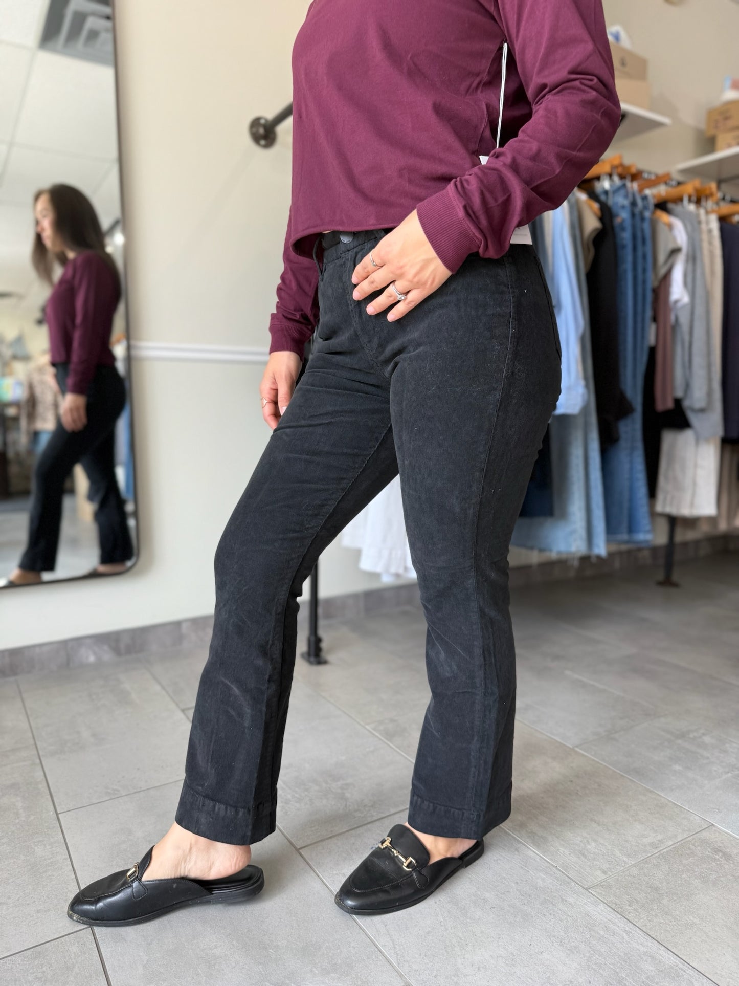 Jeanne Mid Rise Cropped Flare Pants - Black Corduroy