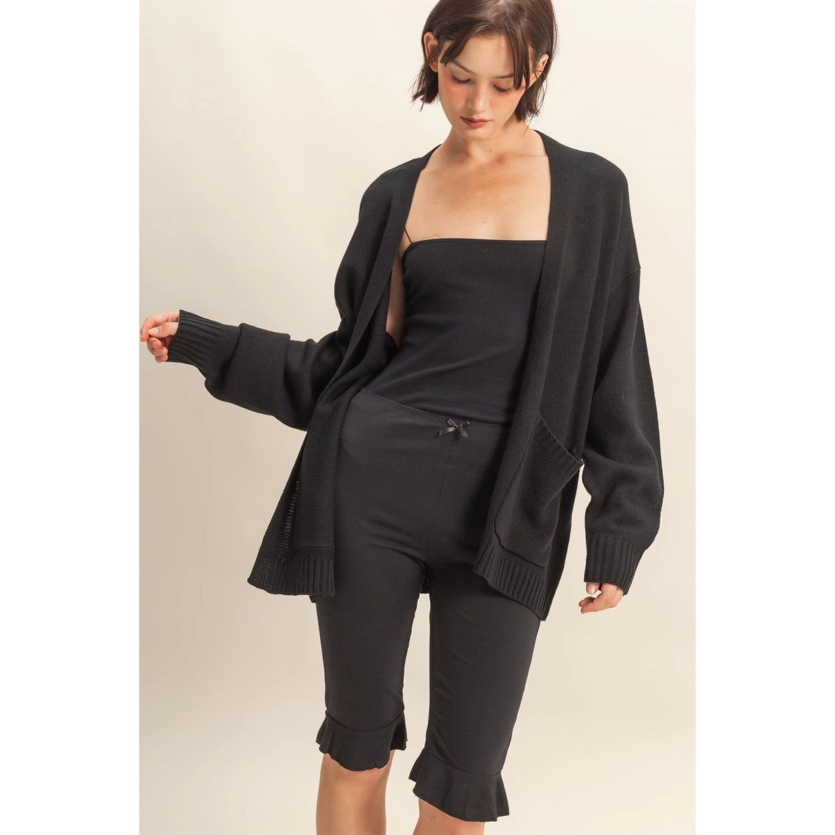 Cozy Oversized Open-Front Cardigan - Black