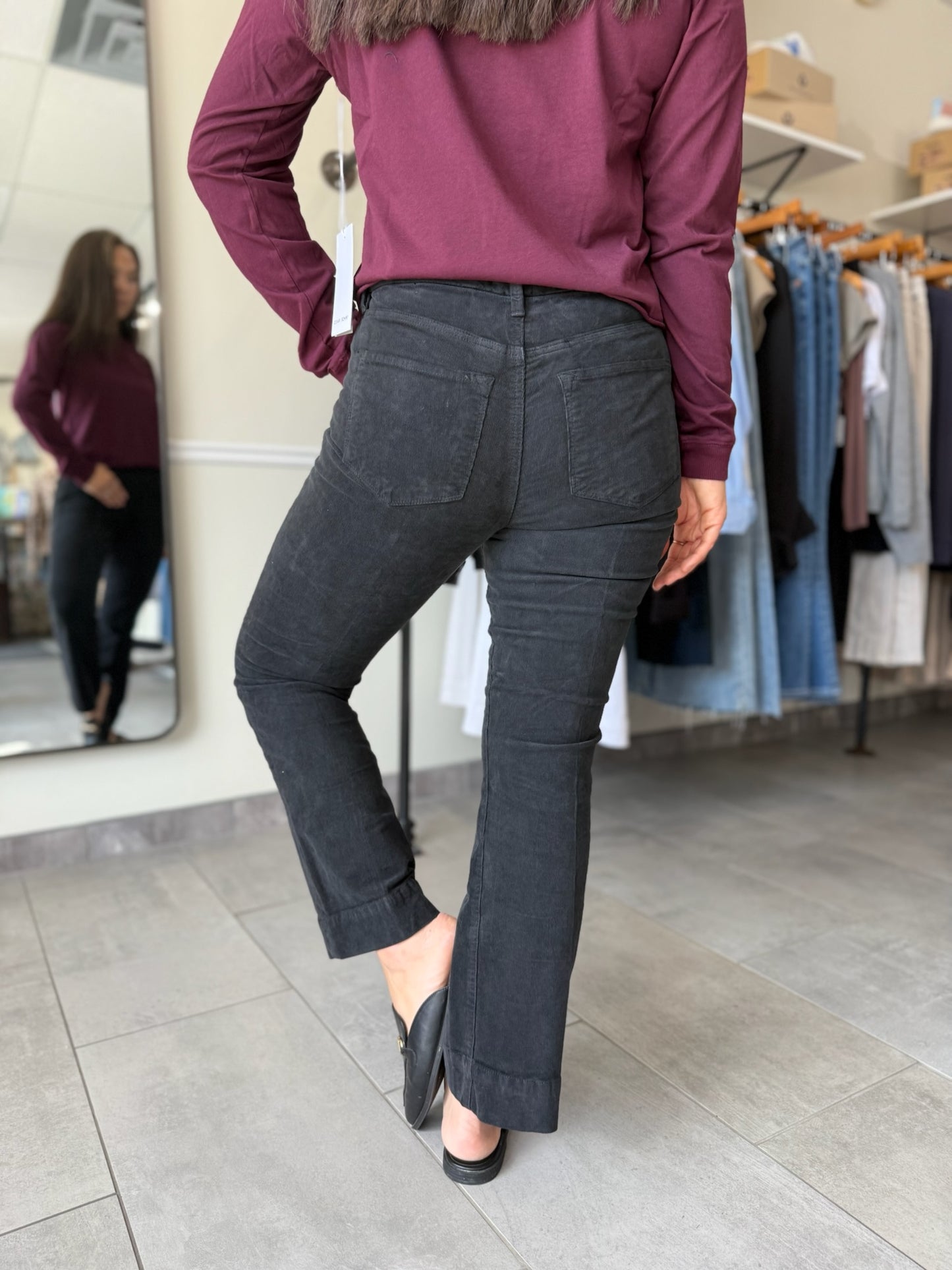 Jeanne Mid Rise Cropped Flare Pants - Black Corduroy