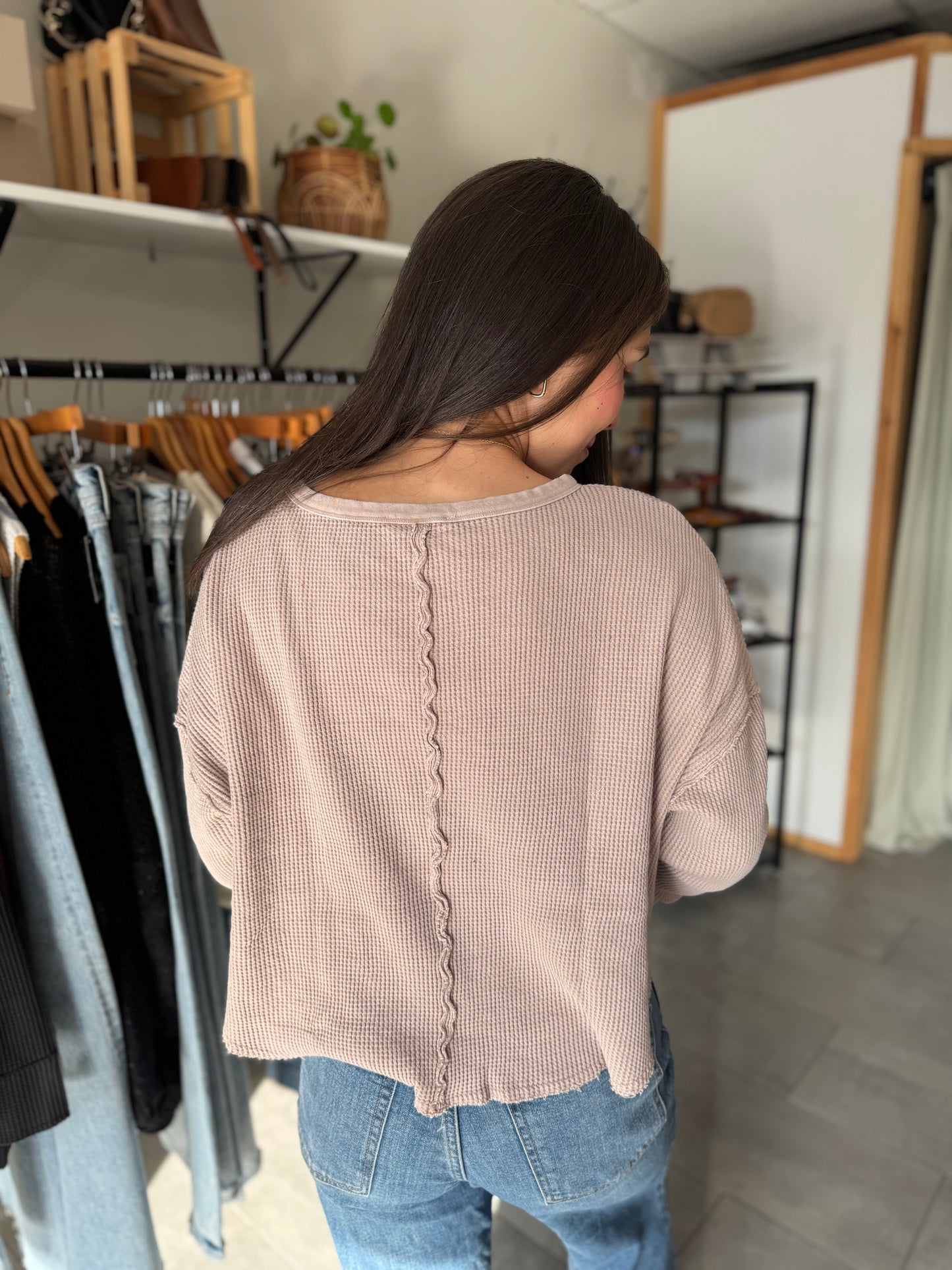 Relaxed Waffle Knit Top - Light Taupe