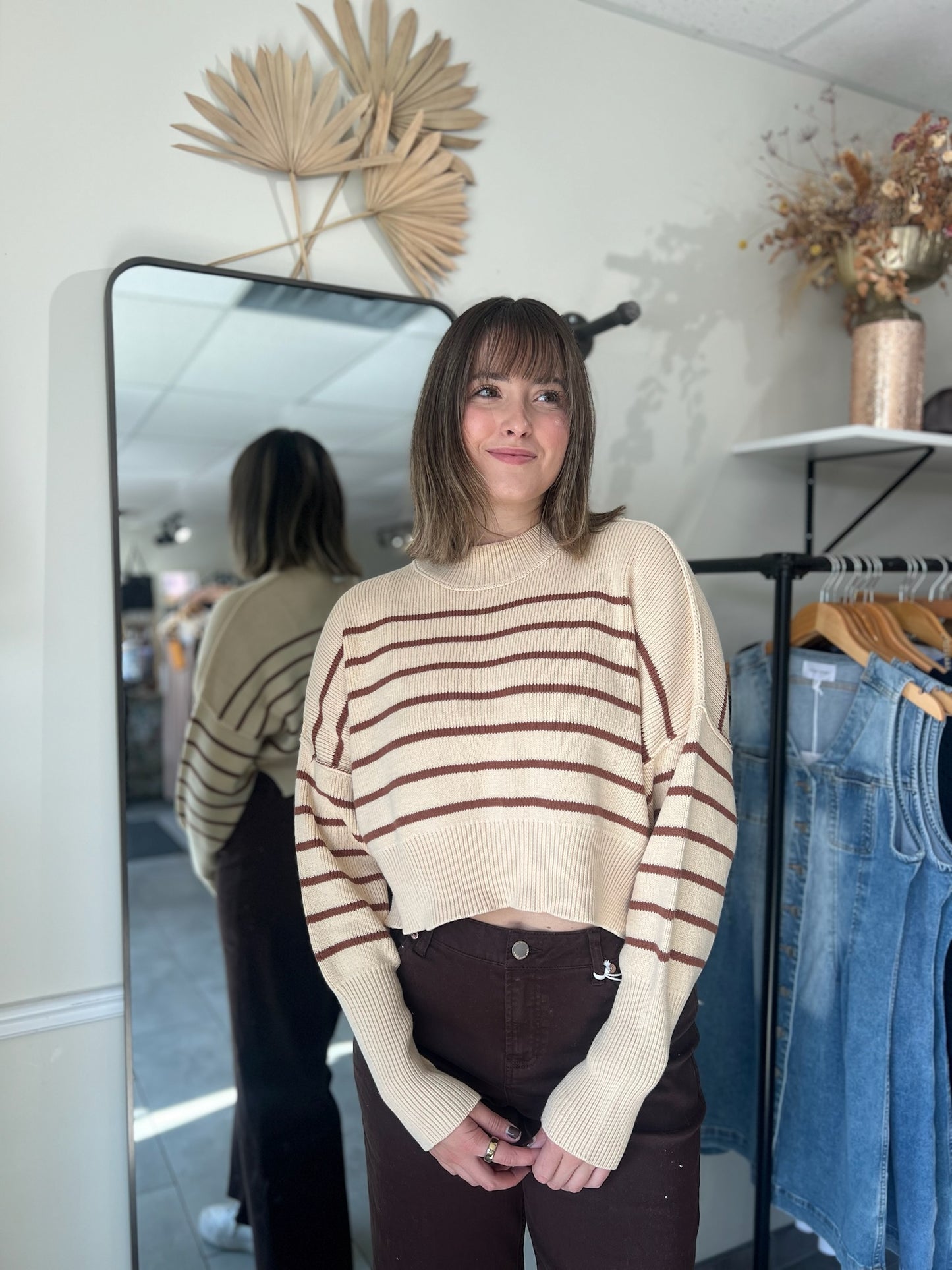 Striped Mock Neck Sweater - Brown