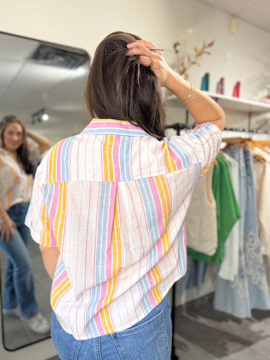 Brianna Boxy Fit Button Down | Pink & White Stripe