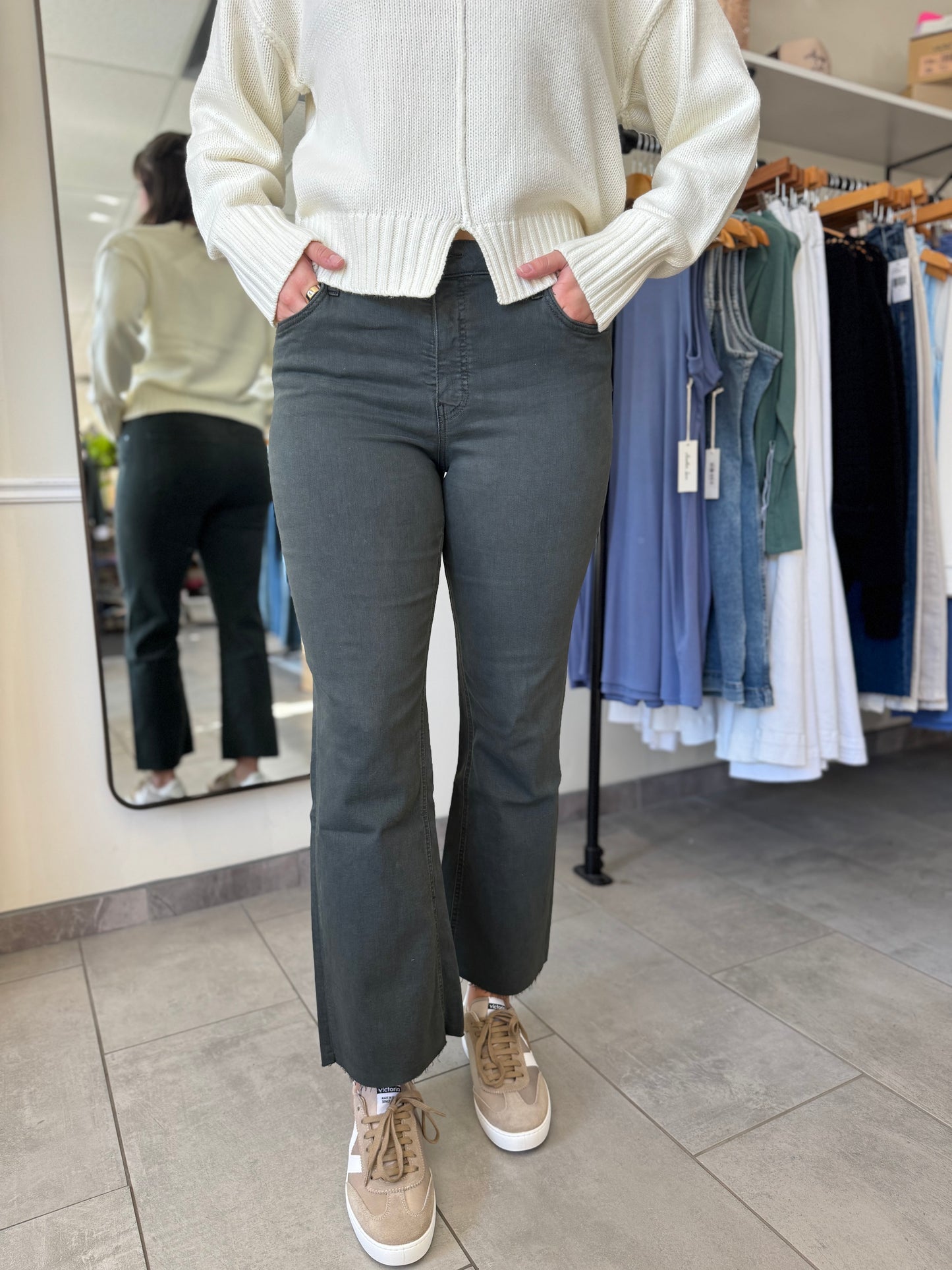 Kelsey High Rise Fab AB Ankle Flares - Pewter Green