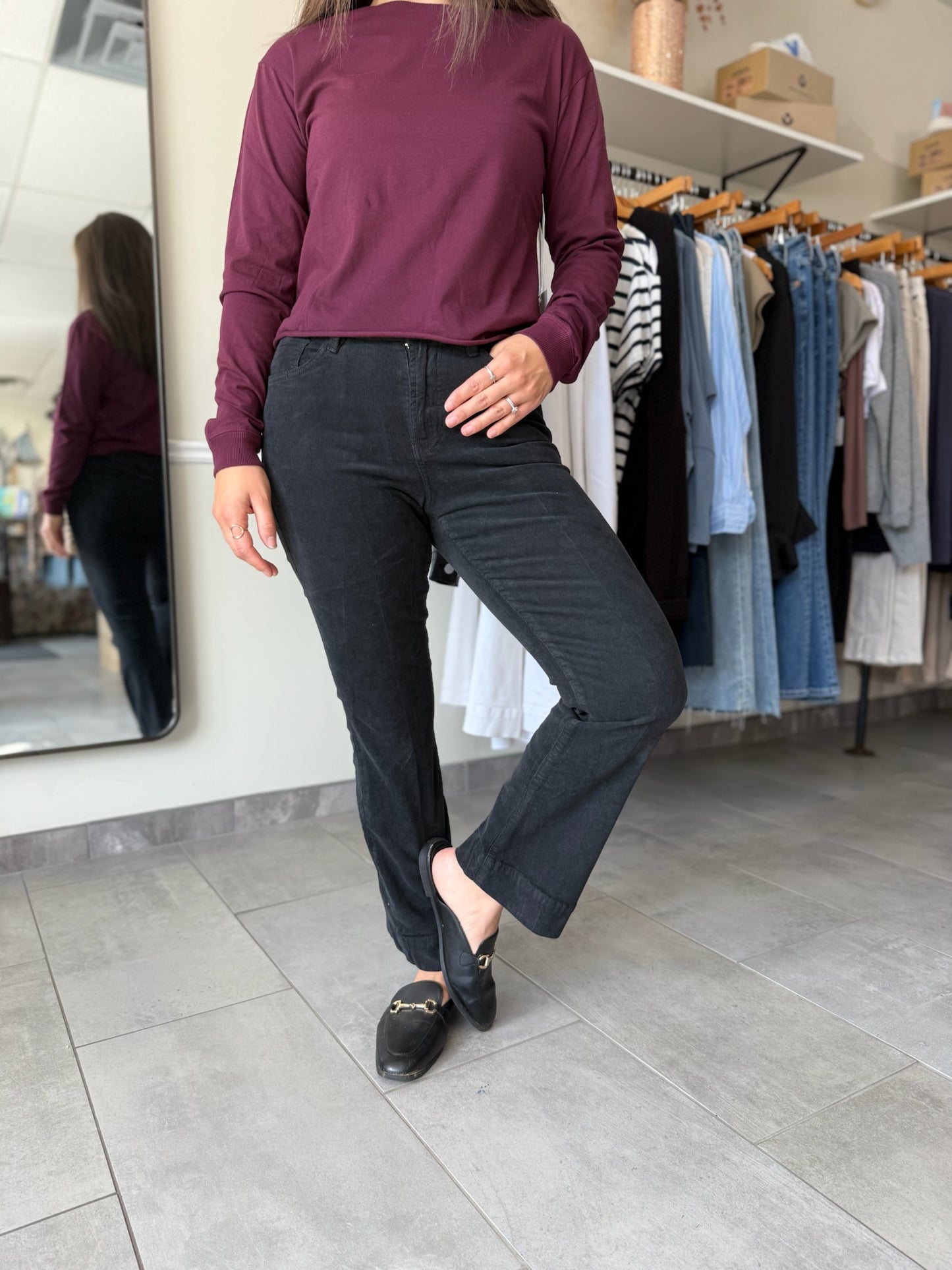 Jeanne Mid Rise Cropped Flare Pants - Black Corduroy