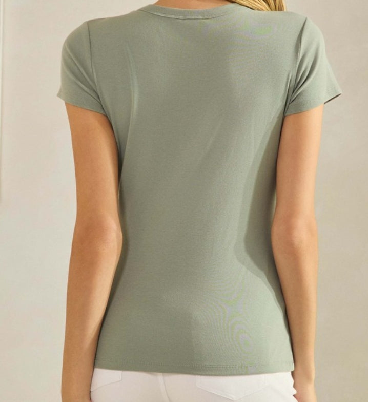 Cotton Rib Scoop Neck Short Sleeve T-shirt - Smokey Olive