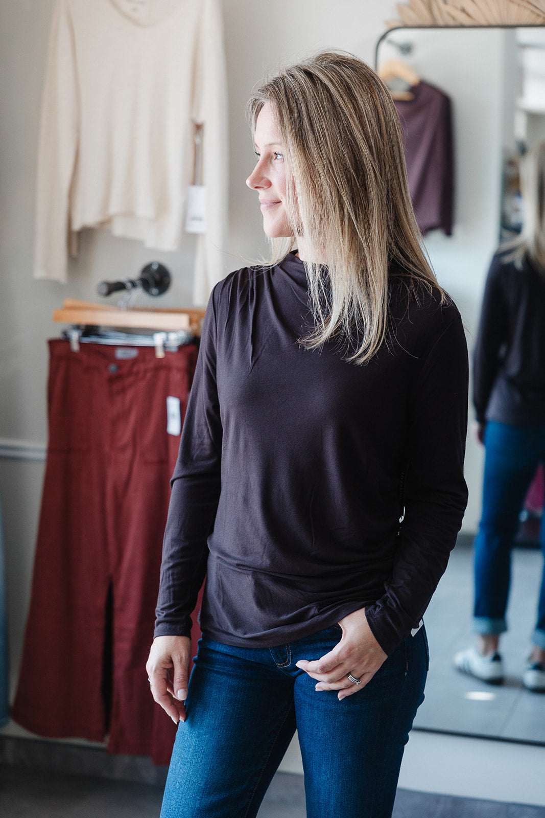 Mock Neck Knit Top With Shirring - Java