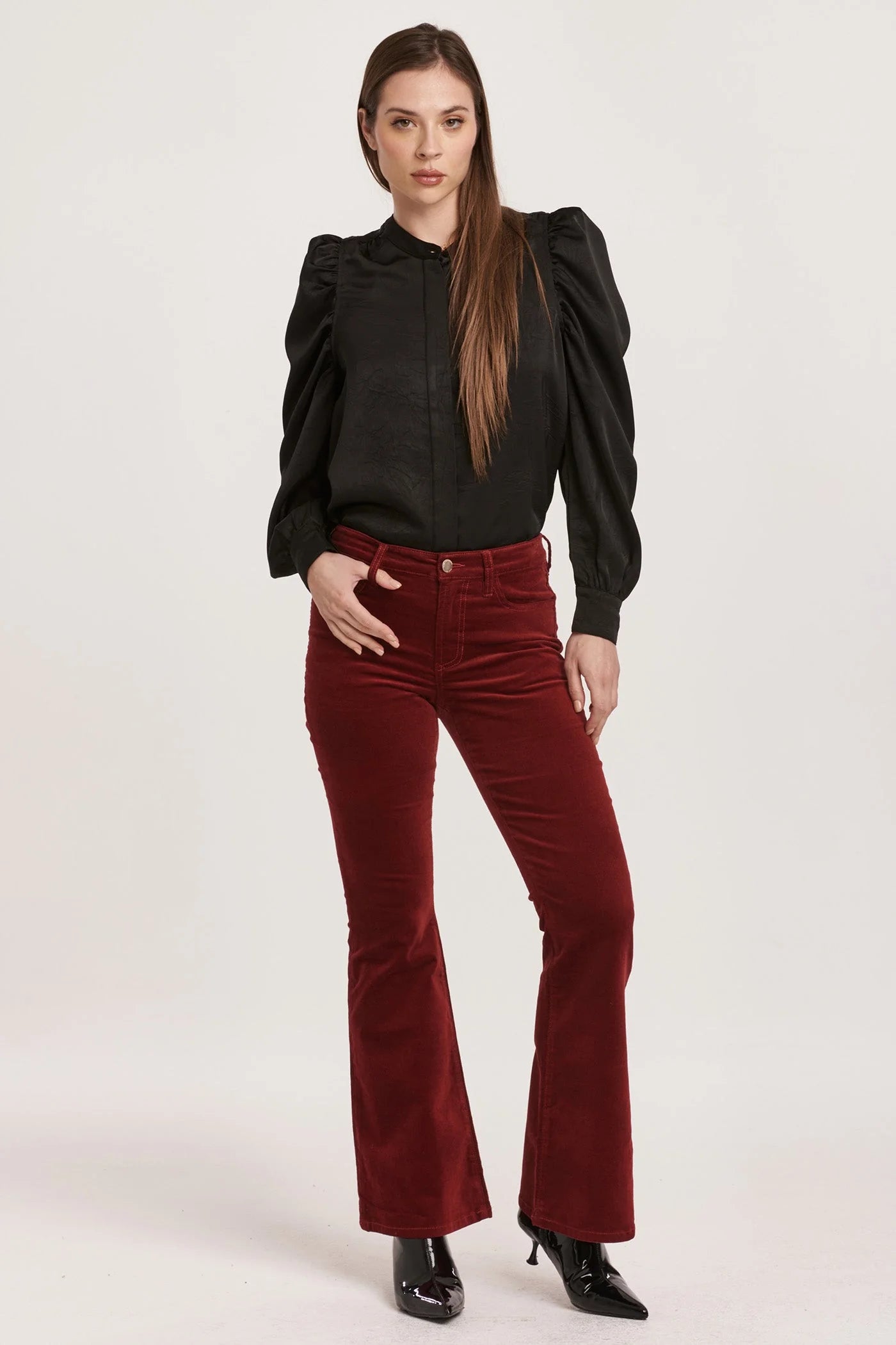 Rosa Mid Rise Full Inseam Flare Pants - Burgundy Velveteen image 0