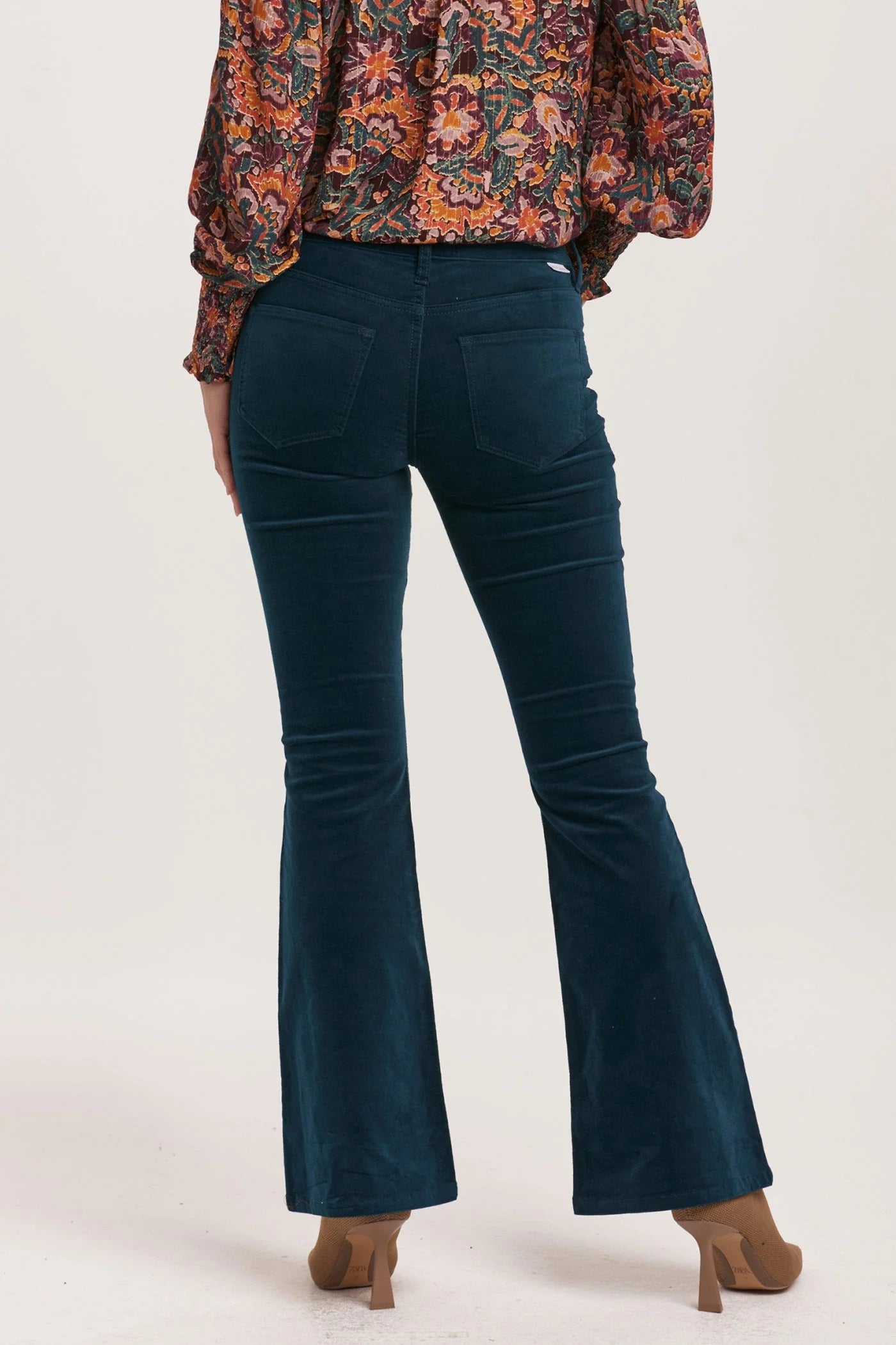 Rosa Mid Rise Full Inseam Flare Pants - Teal Velveteen image 2