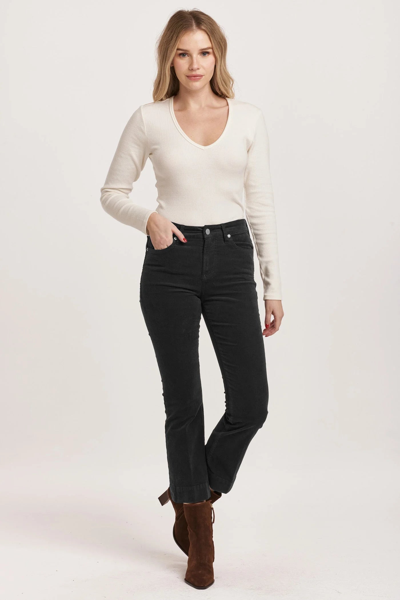 Jeanne Mid Rise Cropped Flare Pants - Black Corduroy image 0