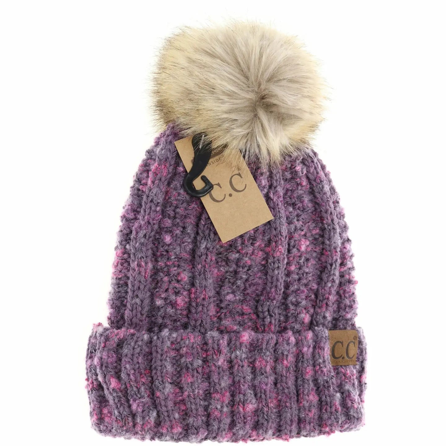 Fuzzy Lined Popcorn Confetti Fur Pom C.C. Beanie