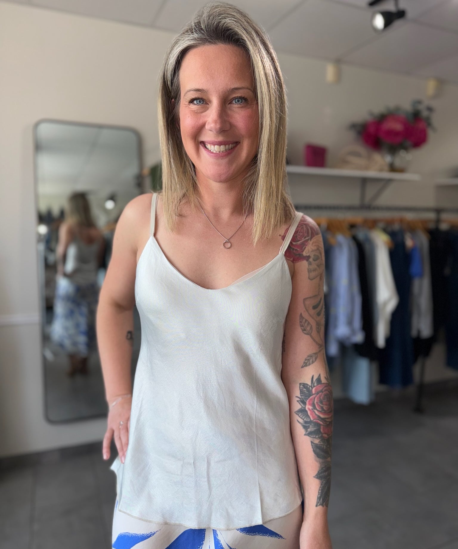 Adjustable Strap Silky Tank Top | Beige