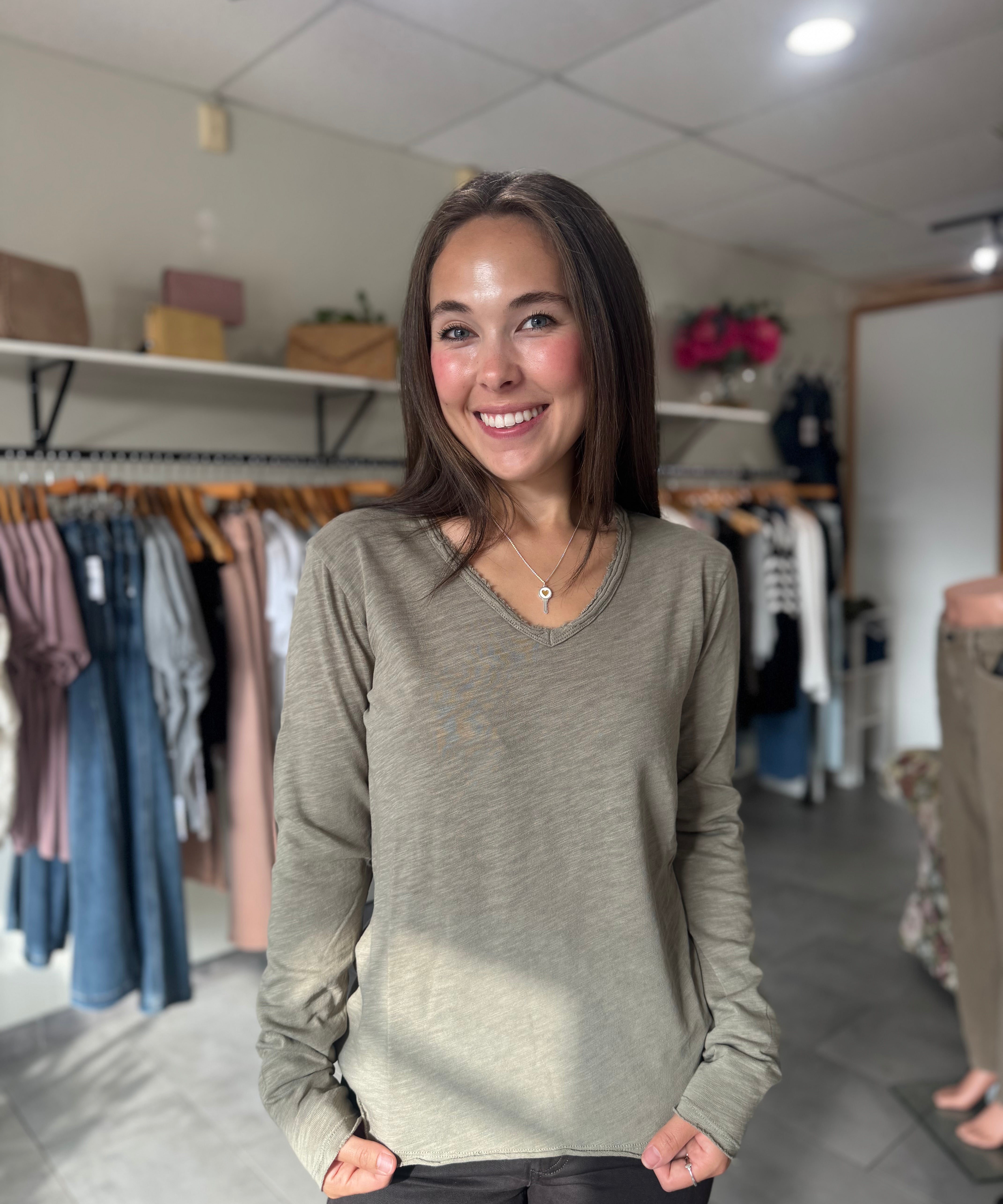 Vanya Slub V-Neck Long Sleeve Tee | Vetiver