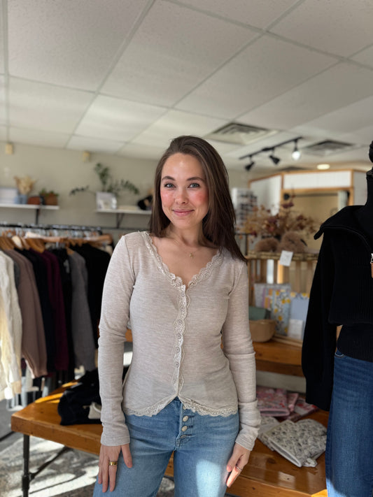 Lace Trim Cardigan | Oatmeal