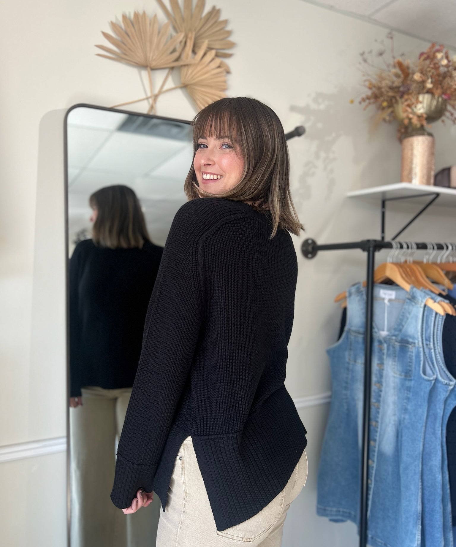 Raglan Long Sleeve Side Slit Sweater - Black