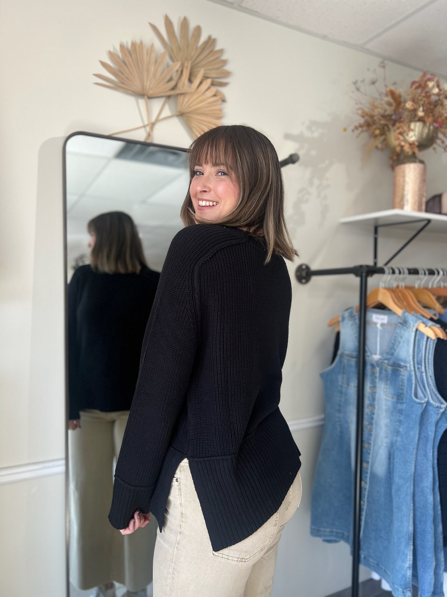 Raglan Long Sleeve Side Slit Sweater - Black