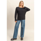 Raglan Long Sleeve Side Slit Sweater - Black