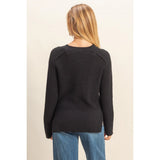 Raglan Long Sleeve Side Slit Sweater - Black