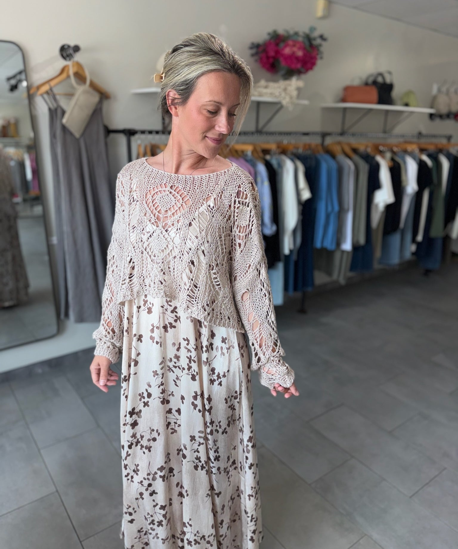 Scoop Neck Open Crochet Top | Taupe