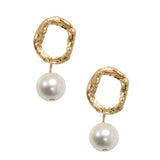 Gold Hammered Loop+Pearl Post Earrings