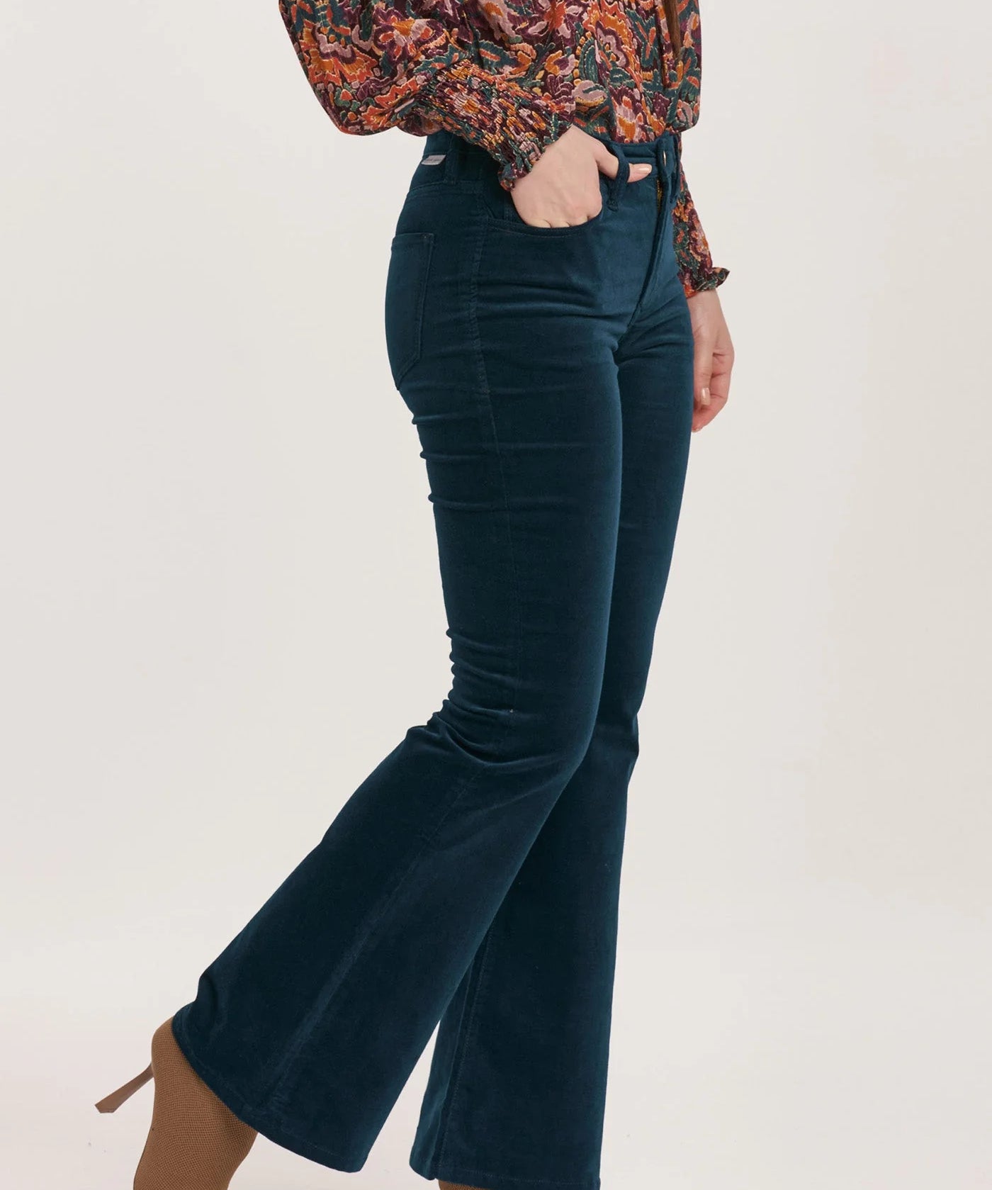 Rosa Mid Rise Full Inseam Flare Pants - Teal Velveteen image 1