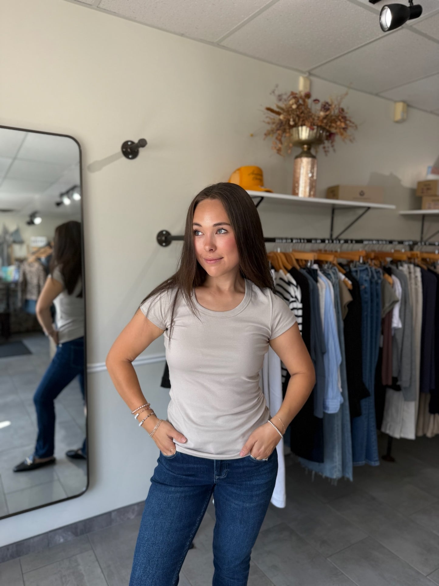 Cotton Rib Scoop Neck Short Sleeve T-shirt - Light Mocha