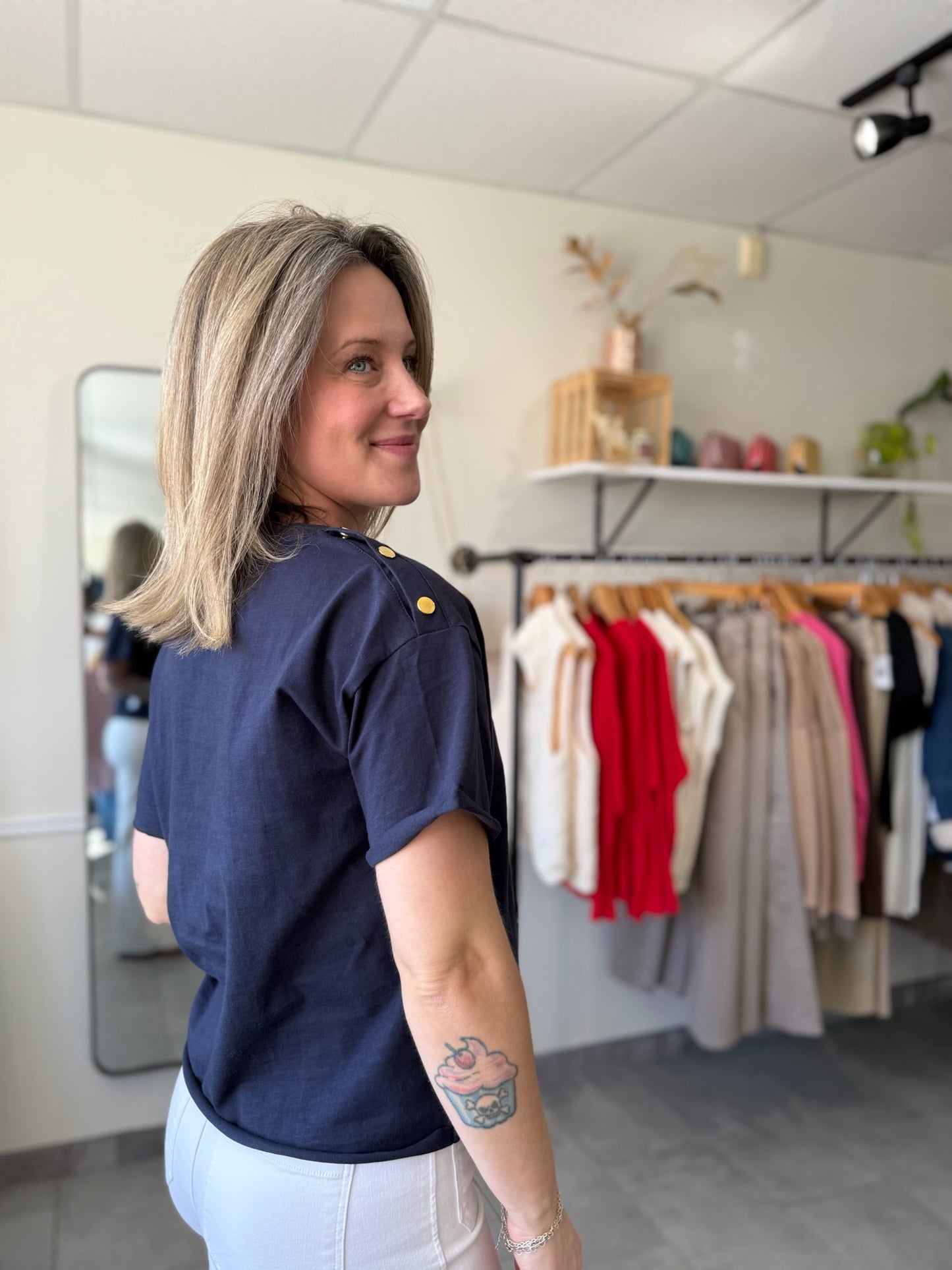 Erin Shoulder Button Tee | Navy