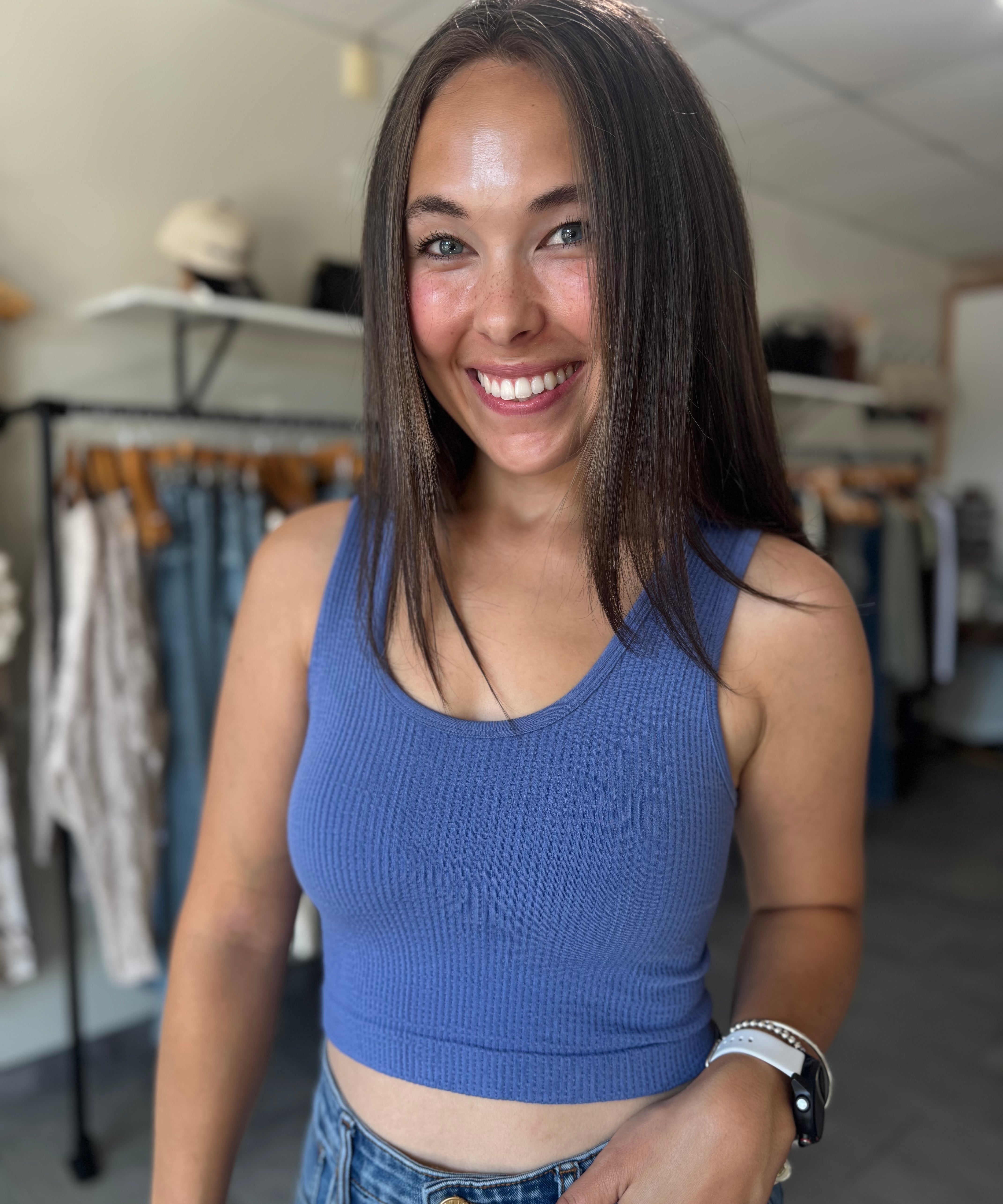 Seamless Reversible U-V Neck Tank | Blue Jewel