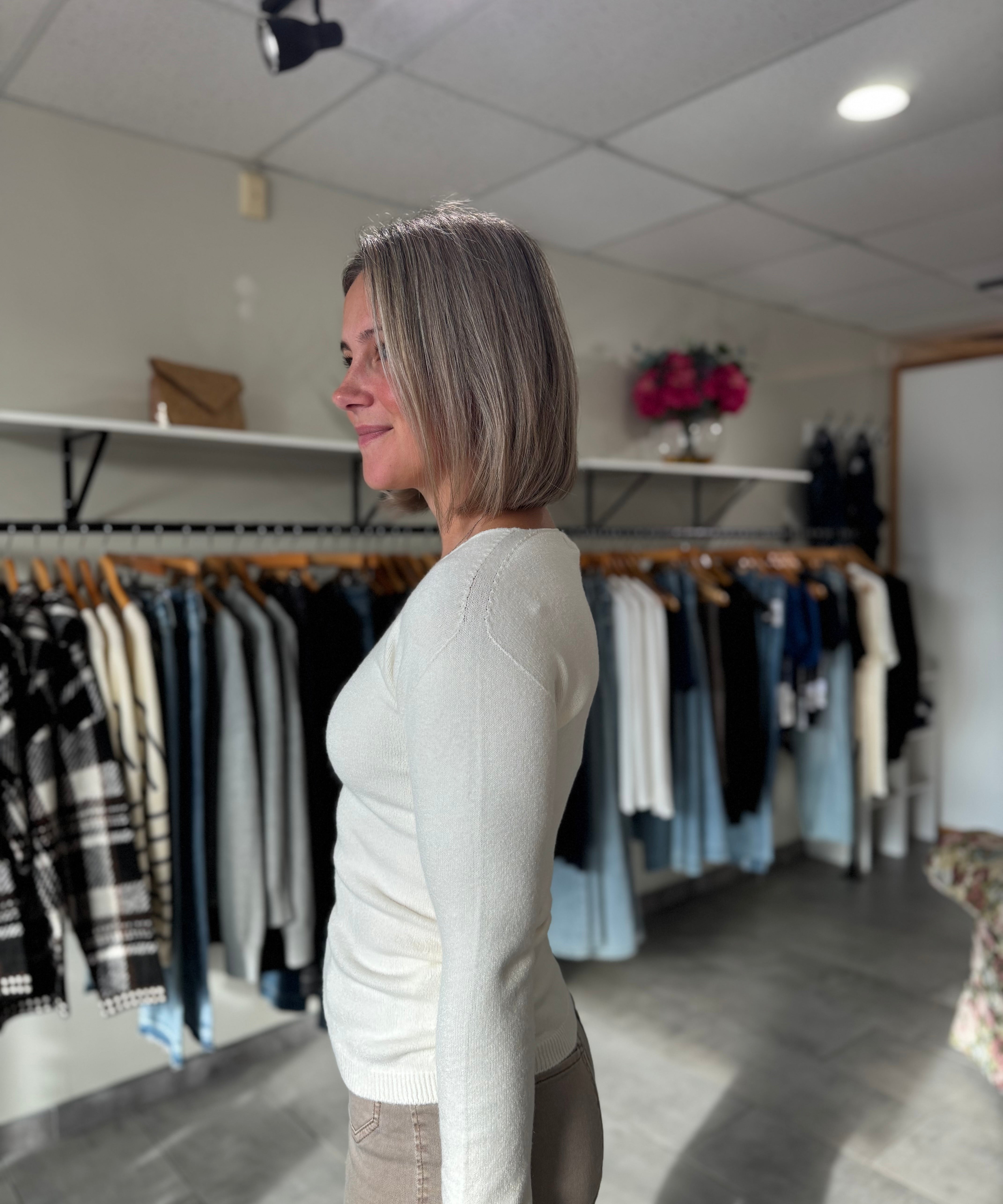 V-Neck Long Sleeve Knit Sweater | Panna Cotta