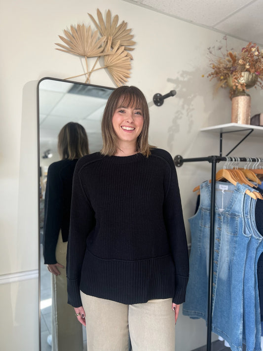 Raglan Long Sleeve Side Slit Sweater - Black