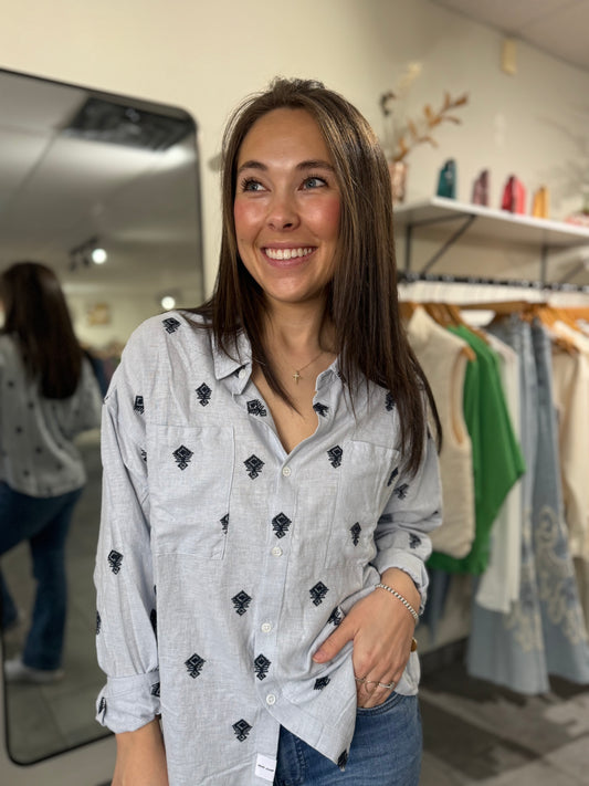 Adrianna Embroidered Button Shirt | Blue Rama