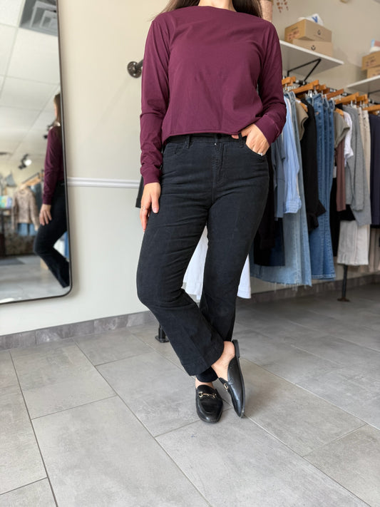 Jeanne Mid Rise Cropped Flare Pants - Black Corduroy