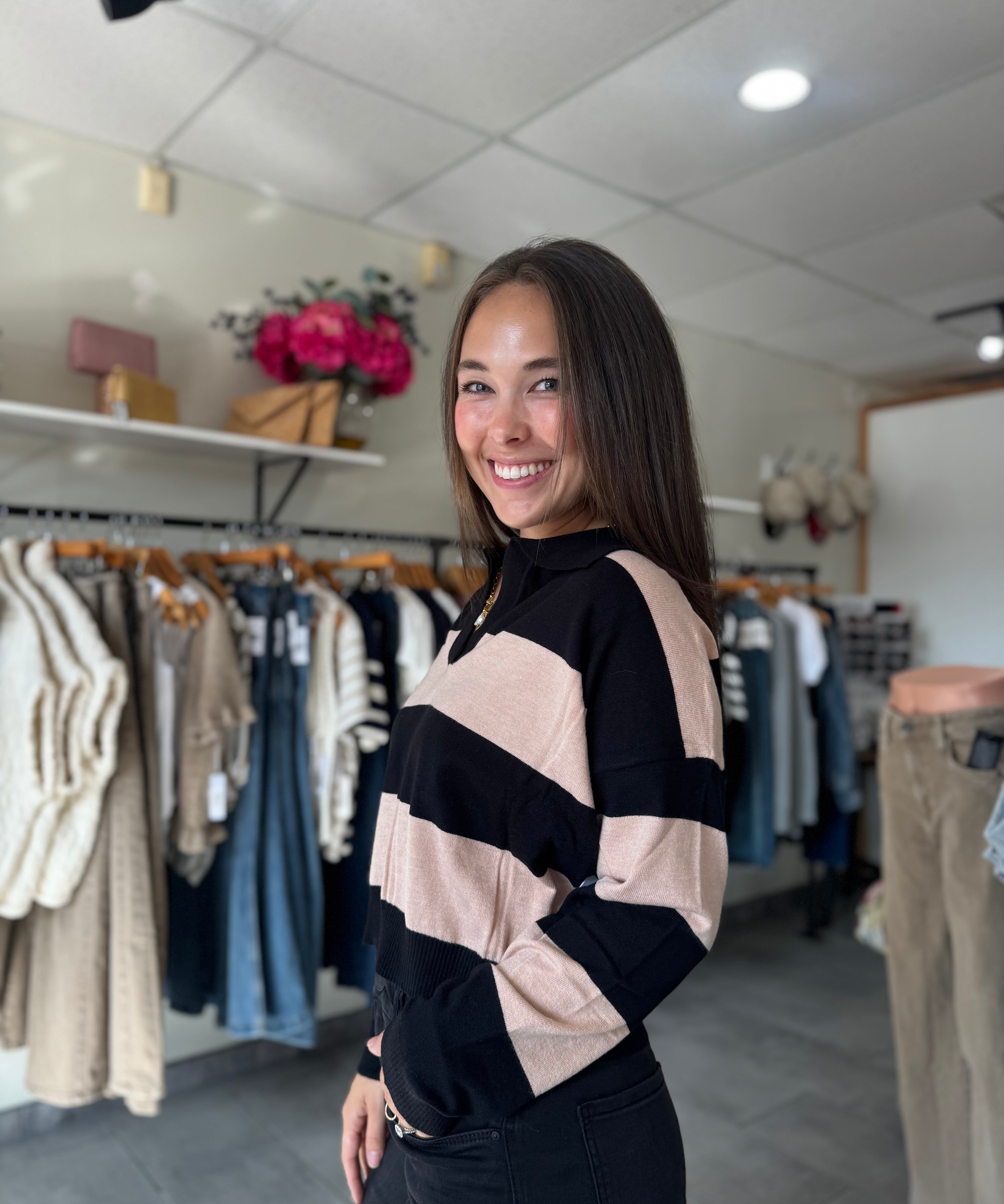 Kate Striped Collared Sweater | Black/Oat