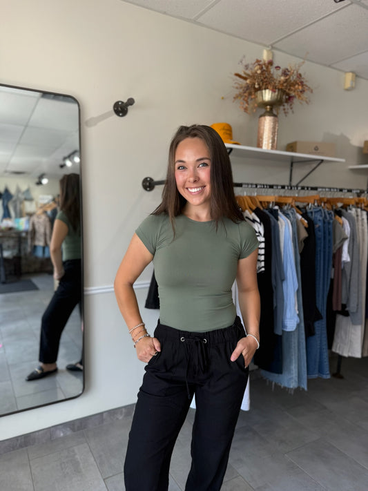 Seamless Crew Neck Short Sleeve Top - Smokey Olive