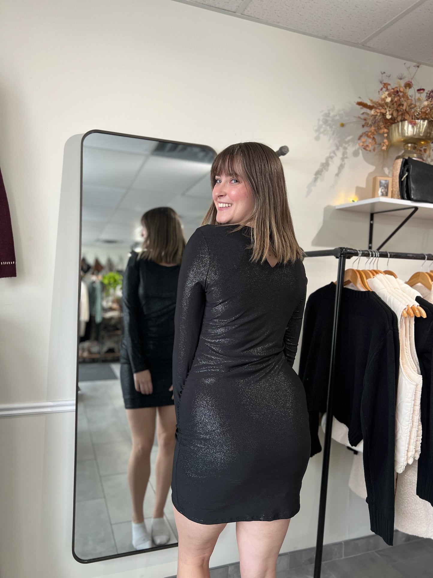 Shirring Details Mini Dress | Black