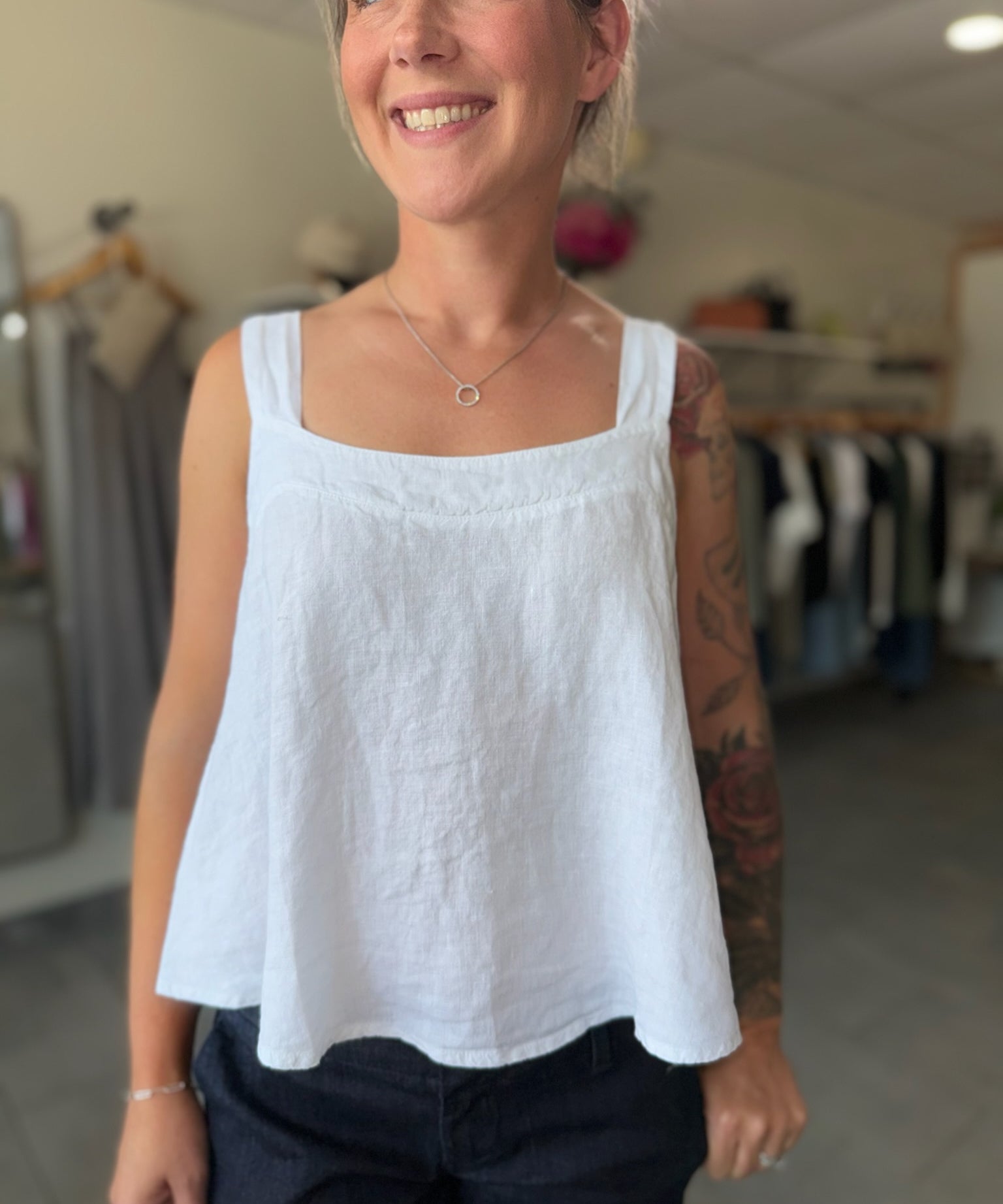 Square Neck Linen Tank | White