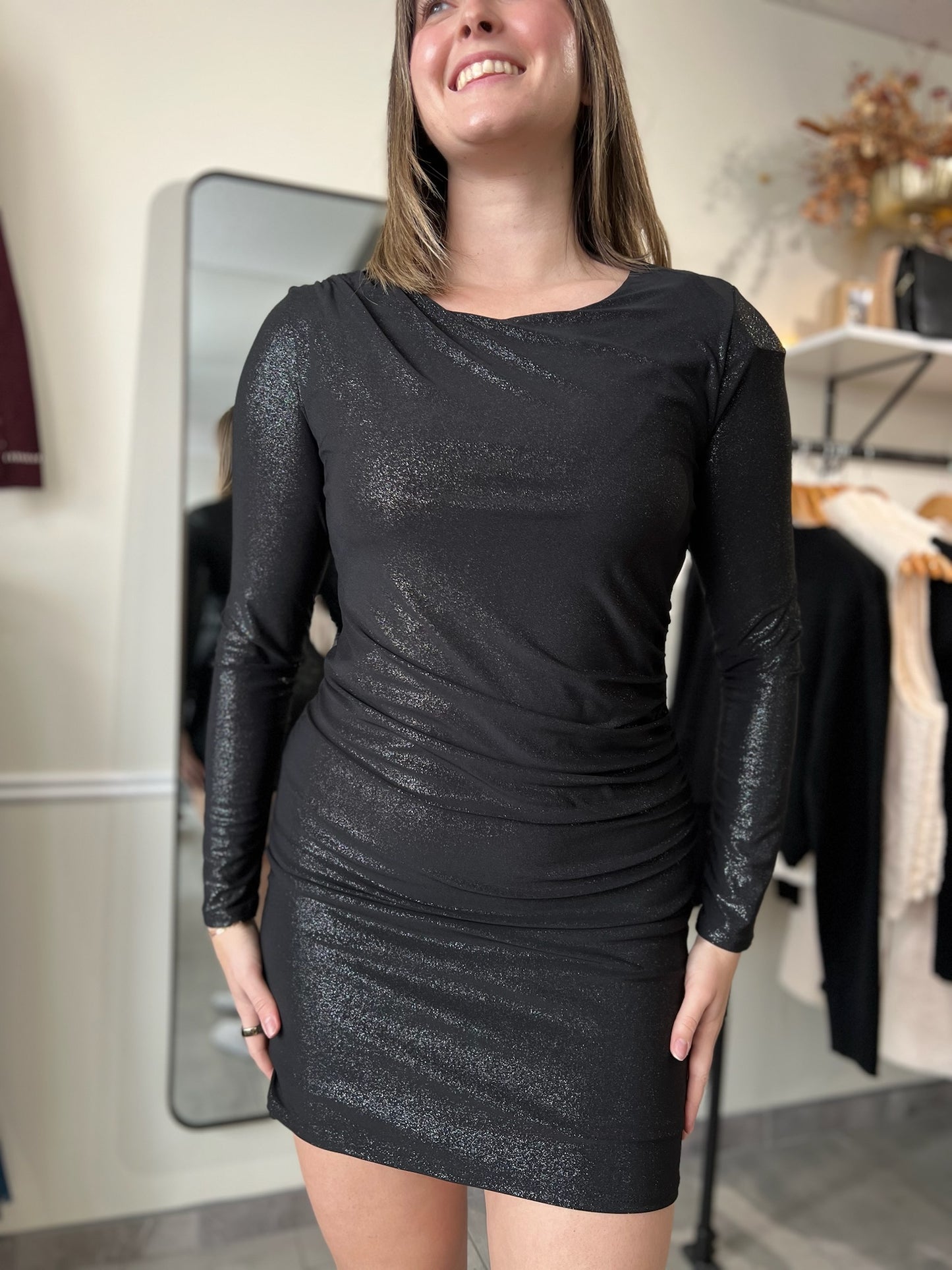 Shirring Details Mini Dress | Black