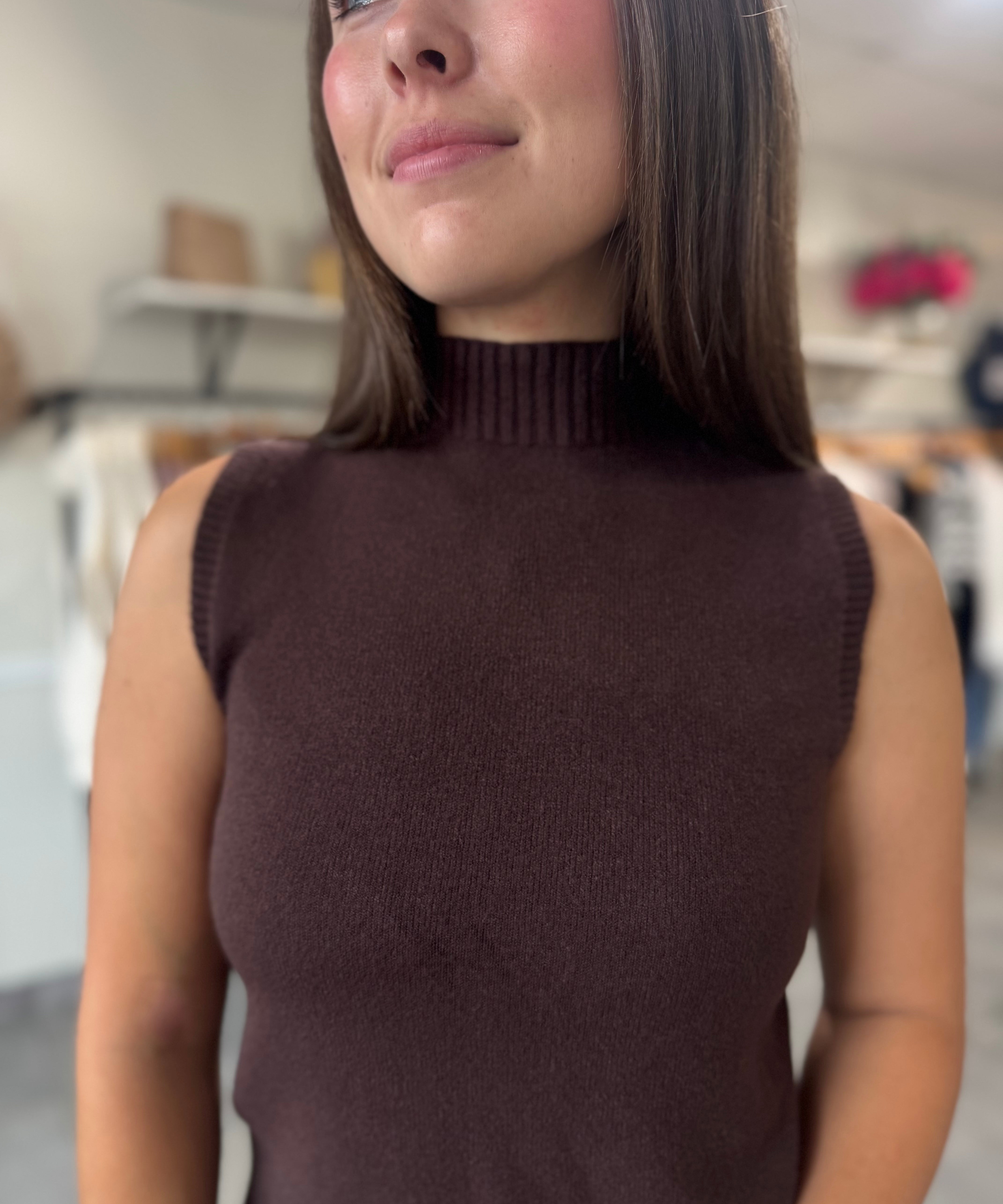 Italian Knit Sleeveless Mock Neck Top | Chocolate Brown